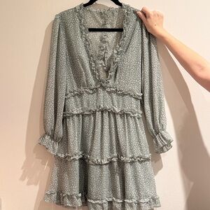 Amazon Ruffle-Tiered V-Neck Long Sleeve Mini Dress in Sage Green Floral